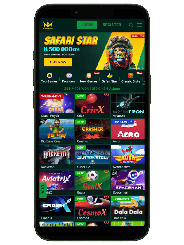 Marakumi Aviator and crash game lobby on mobile